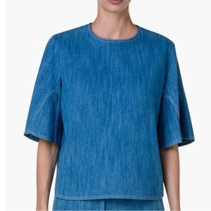 AKRIS PUNTO Flounce Sleeve Stretch Denim Top 14
